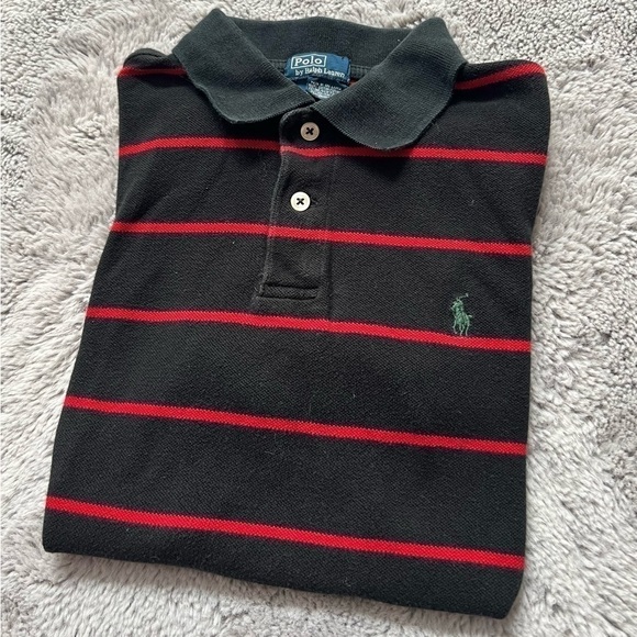 𝅺POLO Ralph Lauren Black With Red Stripes Youth Size 12/14 Golf Shirt, Preloved - Picture 2 of 6